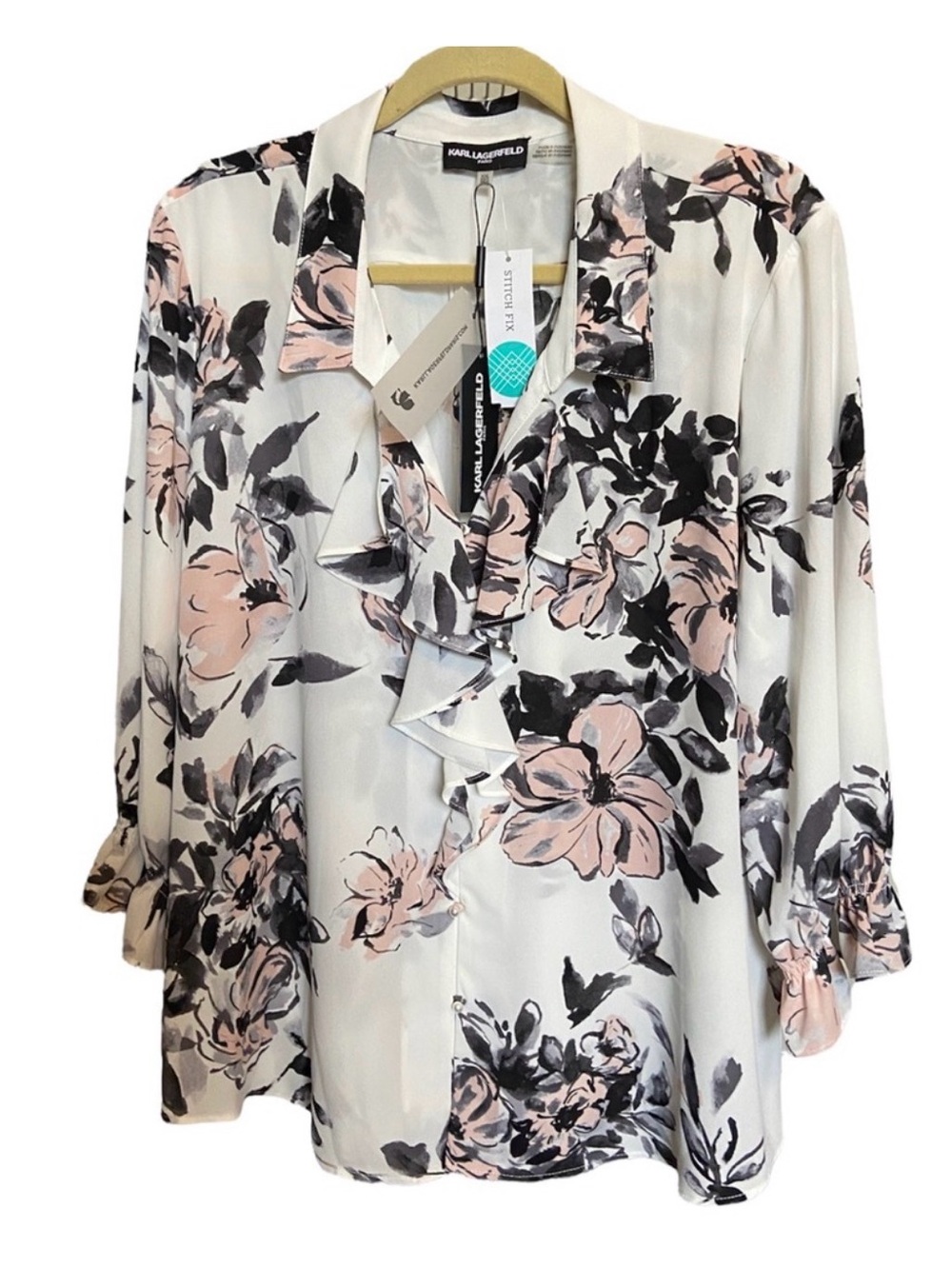 Karl Lagerfeld Paris Cream Floral Ruffle Blouse with Pink and Black Accents